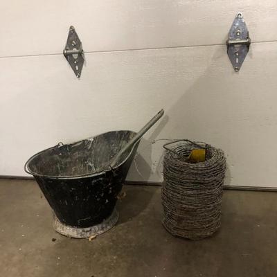 ASH BIN & SHOVEL, ROLL OF BARBED WIRE