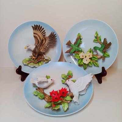 LOT9-O: Collection of 3 Jonathan Bryan Collector Plates with Birds in Relief - Eagle, Doves and Hummingbirds