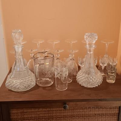 LOT 38KP: Mid Century Modern Bar Cabinet with Glassware, Vintage Decanters