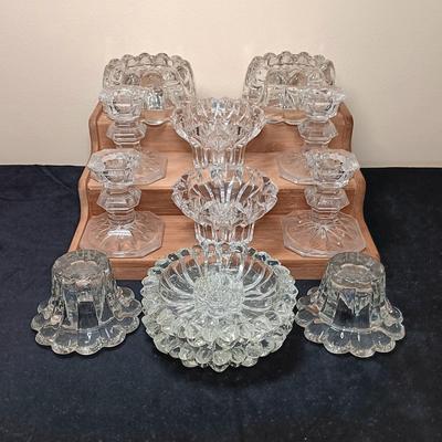 LOTKP39: A Stunning Collection of Crystal Cut & Pressed Glass Candlestick Holders w/ Candles