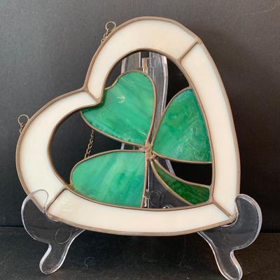 LOT 129L: Irish Collectible: Stained Glass Shamrock, Lenox Trinket Box w/Rosaries, Stained Glass Candle Huggers, Bradford Exchange...