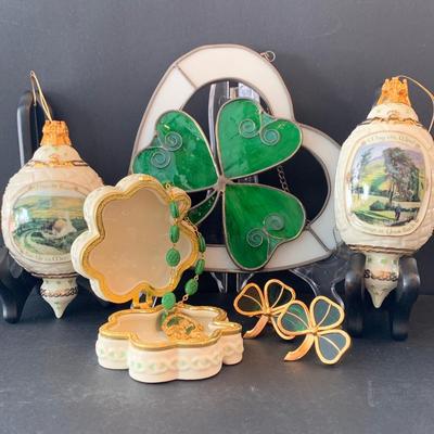 LOT 129L: Irish Collectible: Stained Glass Shamrock, Lenox Trinket Box w/Rosaries, Stained Glass Candle Huggers, Bradford Exchange...