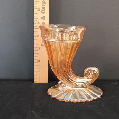 LOT 268D: Vintage Amber Glass Lamp and Carnival Glass Aurora Prism Shell Vase