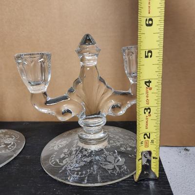Pair of Heisey Orchid double candlesticks