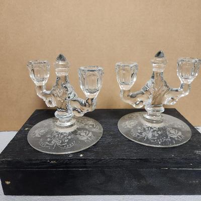 Pair of Heisey Orchid double candlesticks