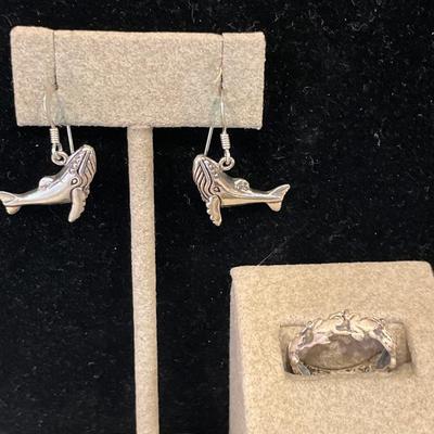 Sterling whale earrings and sterling frog ring