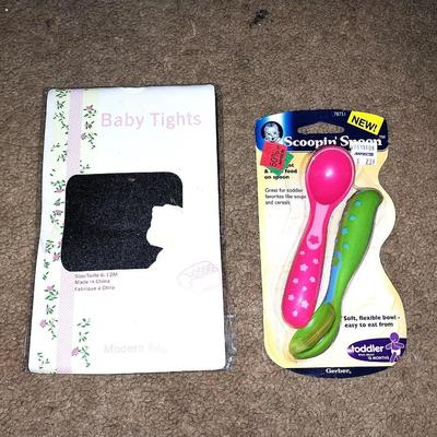 NEW INFANT ITEMS SCOOPIN SPOONS-BOTTLE BRUSH-INFANT TIGHTS AND TWO 1PC BODYSUIT