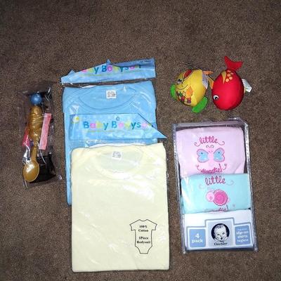 NEW INFANT ITEMS TWO 1PC BODYSUITS-4PK SLIP ON SHIRTS-MEDICINE SPOON-FISHYS