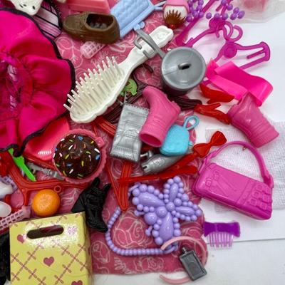 BARBIE Accessories LOT #2 clothing, hangers, shoes, purses, hair, cupcake, rackets, etc