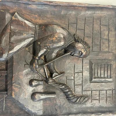 Vintage Folk Art Carved plaque 3D Medieval scribe