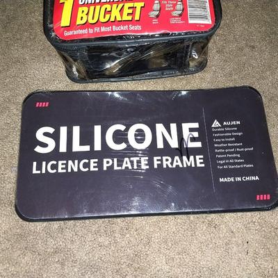 NEW SILICONE LICENSE PLATE FRAME AND NEW BUCKET SEAT COVER