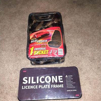 NEW SILICONE LICENSE PLATE FRAME AND NEW BUCKET SEAT COVER