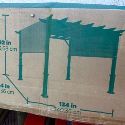 Lot 1342 SquareBlack Metal Pergola with sling canopy by garden treasures