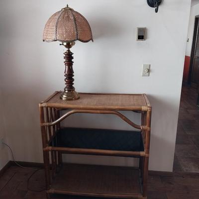 3 TIER RATTAN SHELF WITH TABLE LAMP
