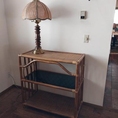 3 TIER RATTAN SHELF WITH TABLE LAMP