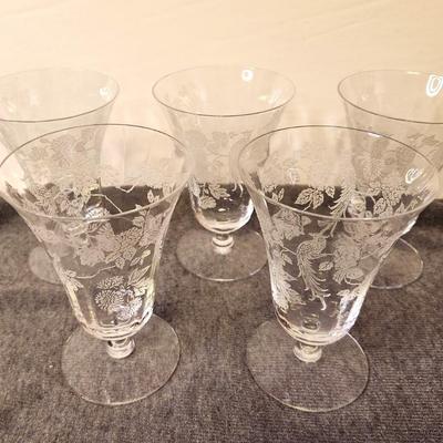 Lot #15 Lot of 5 Etched Crystal Water Glasses 