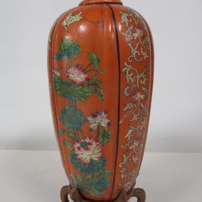 Oriental Melon Shaped Vase With Base & Lid