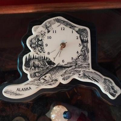 SCRIMSHAW STYLE CLOCK SHAPED LIKE THE STATE OF ALASKA & COASTERS