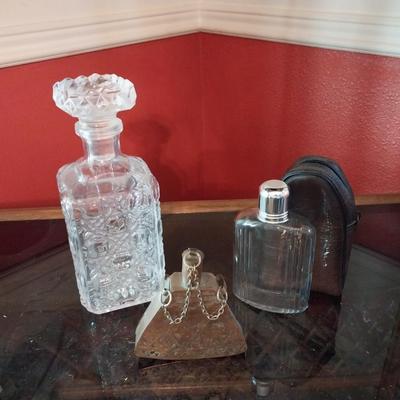 CRYSTAL DECANTER, GLASS AND COPPER FLASKS