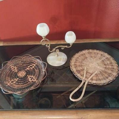 MARBLE CANDLE HOLDERS AND WEAVED FAN AND PATE