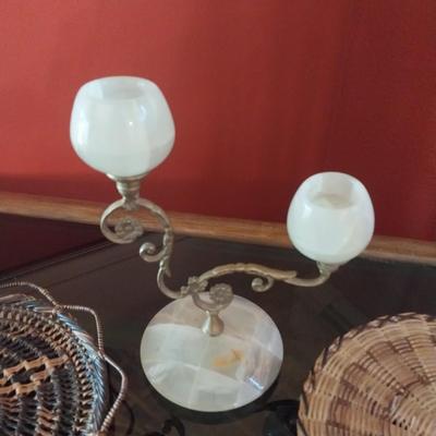 MARBLE CANDLE HOLDERS AND WEAVED FAN AND PATE