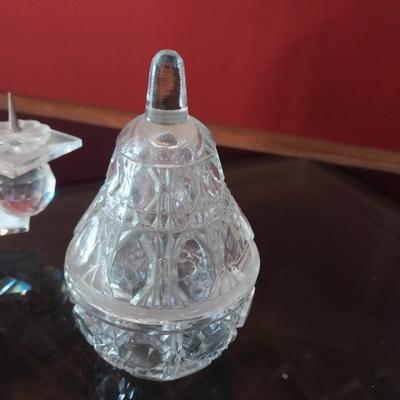 SWAROVSKI FIGURINE CUP, ART DECO CRYSTAL CANDLE HOLDER AND A GLASS PEAR