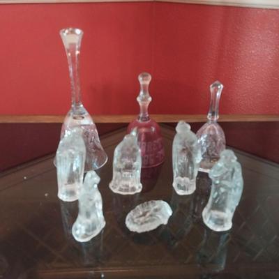 GLASS NATIVITY FIGURINES AND 3 GLASSCRYSTAL BELLS