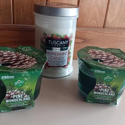 Three new scented candles - Glade Pine wonderland, and Tuscany Peppermint candy