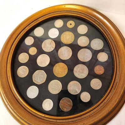 Lot #27 Foreign Coin Lot in Round Frame - England, Kenya, France, etc