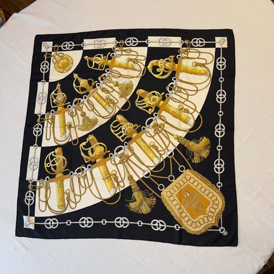 114 Authentic HERMÃ‰S Carre 90 Silk Scarf Cliquetis by Julia Abadie Original Release Black & Gold Special Edition 1972