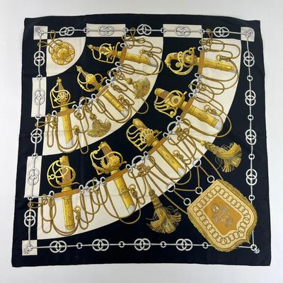 114 Authentic HERMÃ‰S Carre 90 Silk Scarf Cliquetis by Julia Abadie Original Release Black & Gold Special Edition 1972