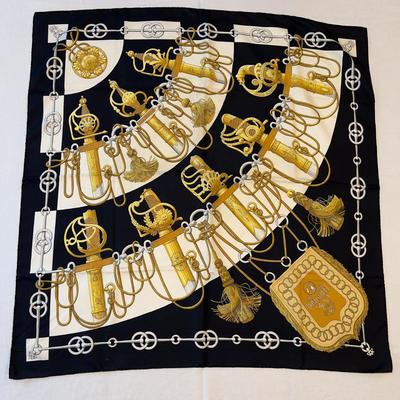 114 Authentic HERMÃ‰S Carre 90 Silk Scarf Cliquetis by Julia Abadie Original Release Black & Gold Special Edition 1972