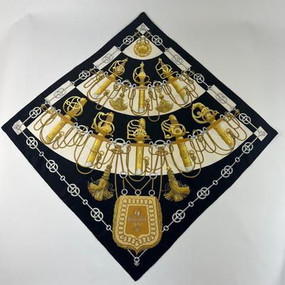 114 Authentic HERMÃ‰S Carre 90 Silk Scarf Cliquetis by Julia Abadie Original Release Black & Gold Special Edition 1972