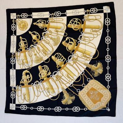 114 Authentic HERMÃ‰S Carre 90 Silk Scarf Cliquetis by Julia Abadie Original Release Black & Gold Special Edition 1972