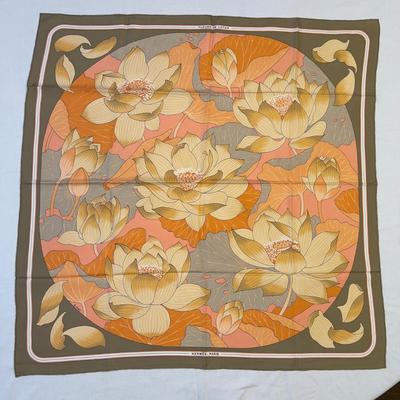 124 Authentic HERMÃ‰S Carre 90 Silk Scarf Fleurs De Lotus by Christiane Vauzelles 1976