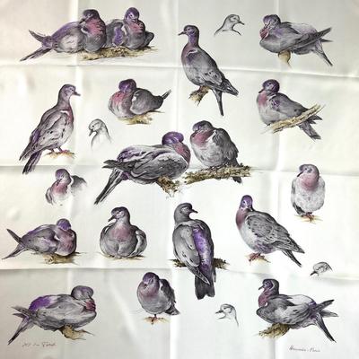 125 RARE Authentic HERMÃ‰S Carre 90 Silk Scarf Tourterelles Doves by Xavier De Poret 1956