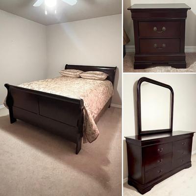 ASHLEY ~ Signature Design ~ Three (3) Piece Queen Cherry Sleigh Bed, Nightstand & Dresser / Includes Mattress & Box