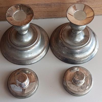 Two matching sets of candle holders - Gallery & Silverplated - and a pack of tapered candles