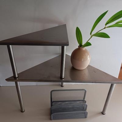 Free standing light-weight stainless decorative shelf with faux accent plant and paper organizer