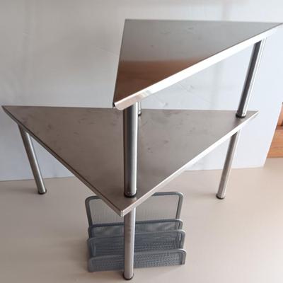 Free standing light-weight stainless decorative shelf with faux accent plant and paper organizer