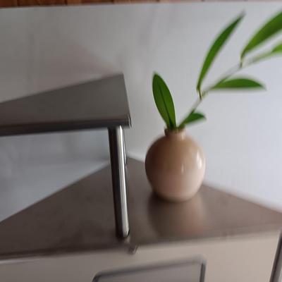 Free standing light-weight stainless decorative shelf with faux accent plant and paper organizer