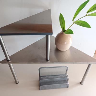 Free standing light-weight stainless decorative shelf with faux accent plant and paper organizer