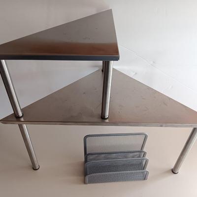 Free standing light-weight stainless decorative shelf with faux accent plant and paper organizer