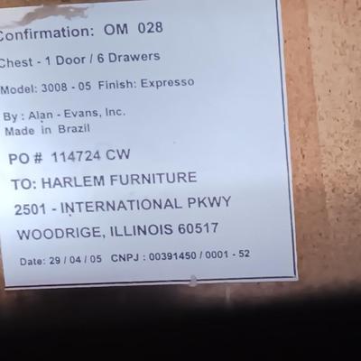 Six drawer Harlem Furniture chest of drawers with in-door shelving - Expresso colored