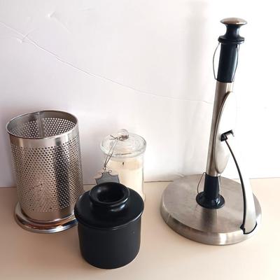 Kitchen gadgets - Butter crock - paper towel dispenser - utensil holder and candle