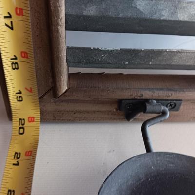 Three wood framed Metal accent candle wall sconces.