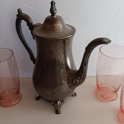 Silver plate Oneida pitcher with four pink toned drinking glasses