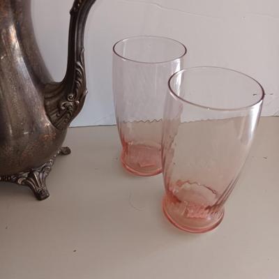 Silver plate Oneida pitcher with four pink toned drinking glasses