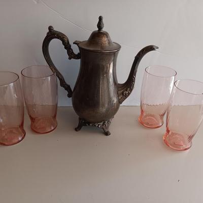 Silver plate Oneida pitcher with four pink toned drinking glasses