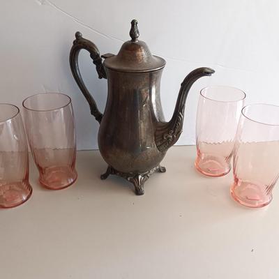 Silver plate Oneida pitcher with four pink toned drinking glasses